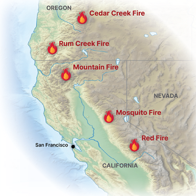 observed fires in Oregon and California